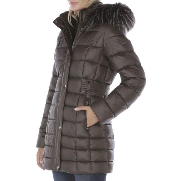Laundry by Shelli Segal Quilted Puffer Coat Faux Fur Hood Coffee/Brown Medium - Picture 2 of 12